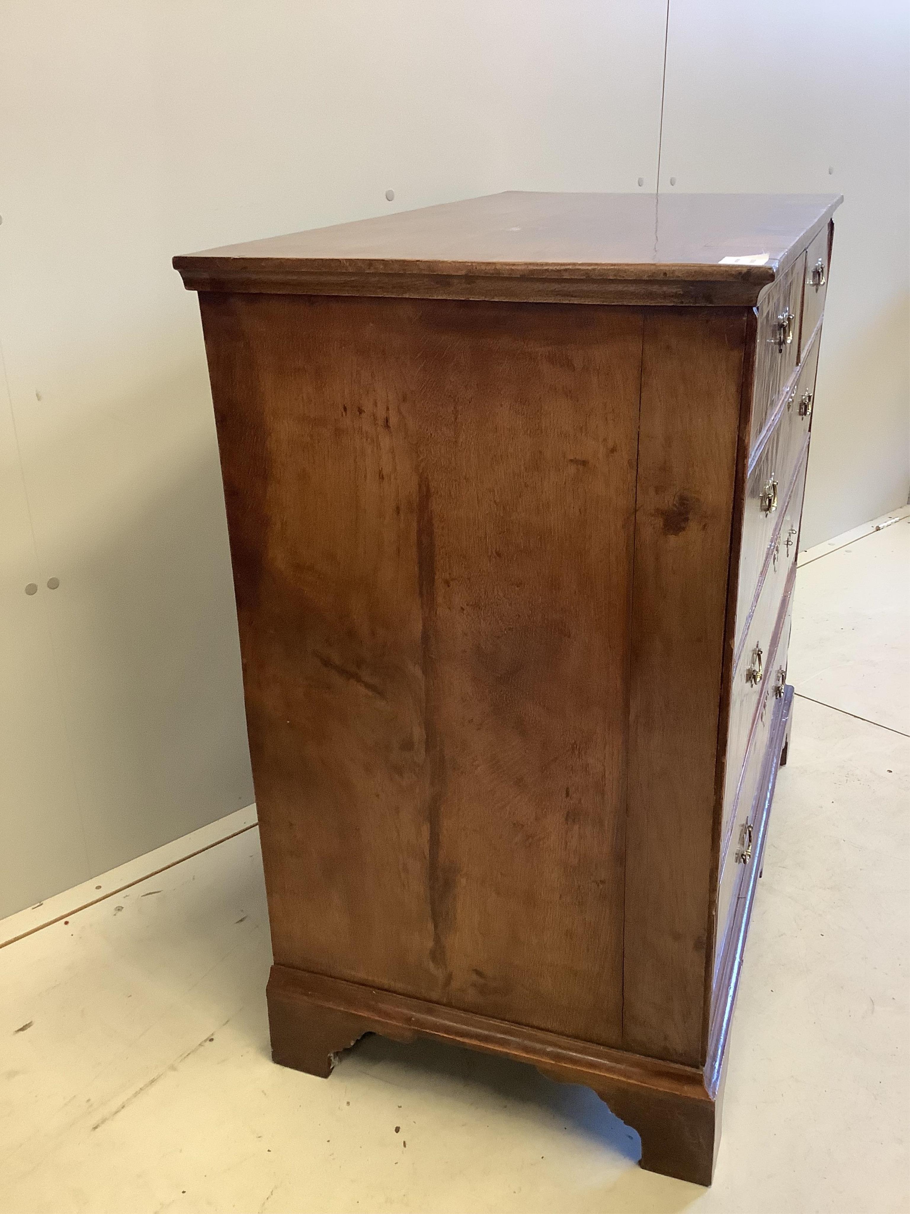 An early 18th century banded walnut chest, fitted two short and three long drawers, width 90cm, depth 49cm, height 89cm. Condition - good